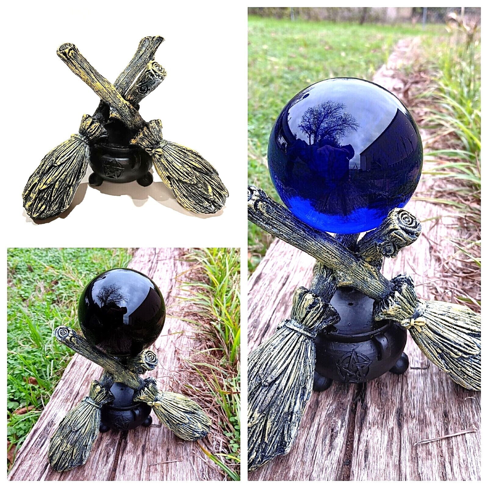 K9 80mm Clear Crystal Ball with Witch Broomstick & Cauldron Stand 7 colors