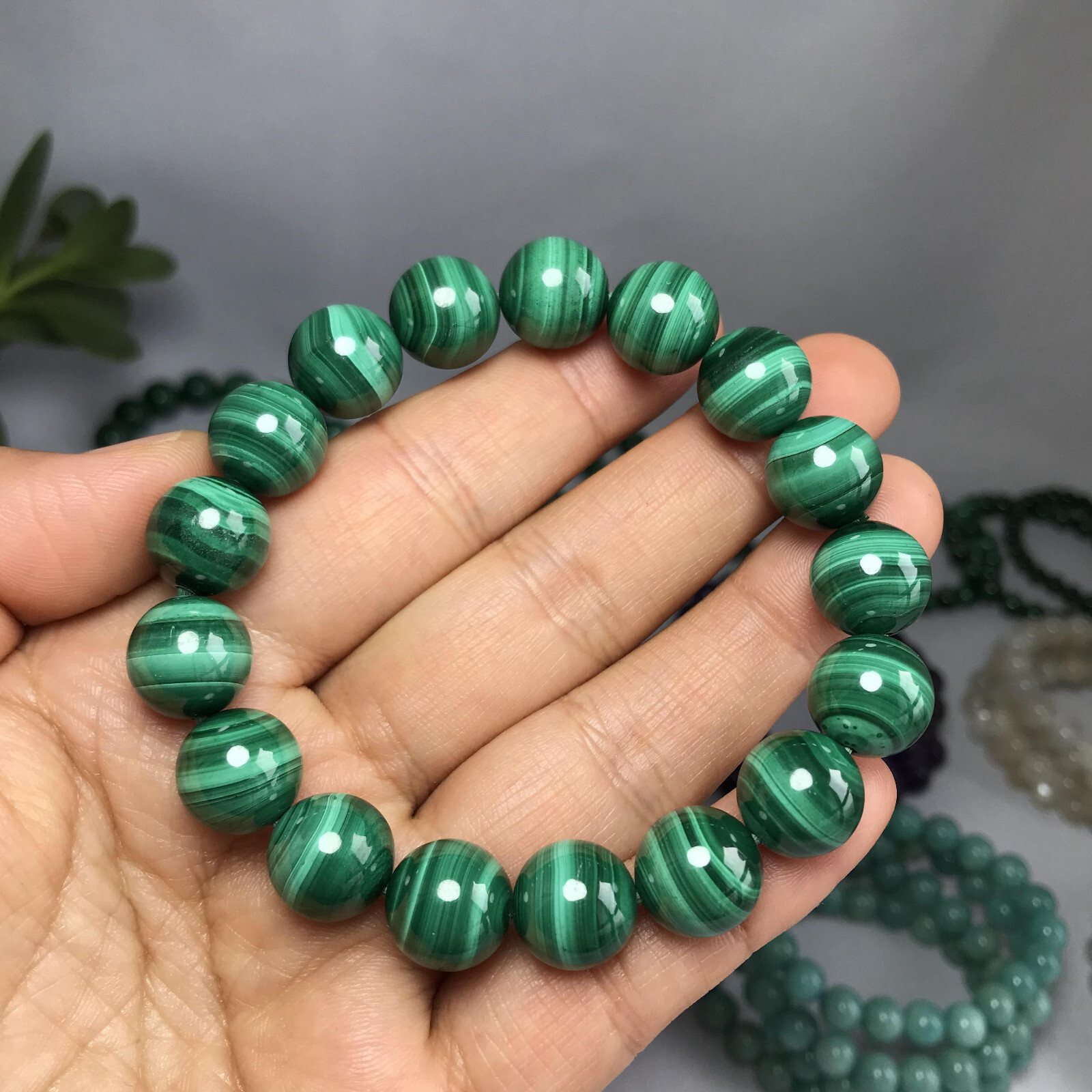 12mm Natural malachite gemstone Crystal chain beads bracelet 62-33g A5261