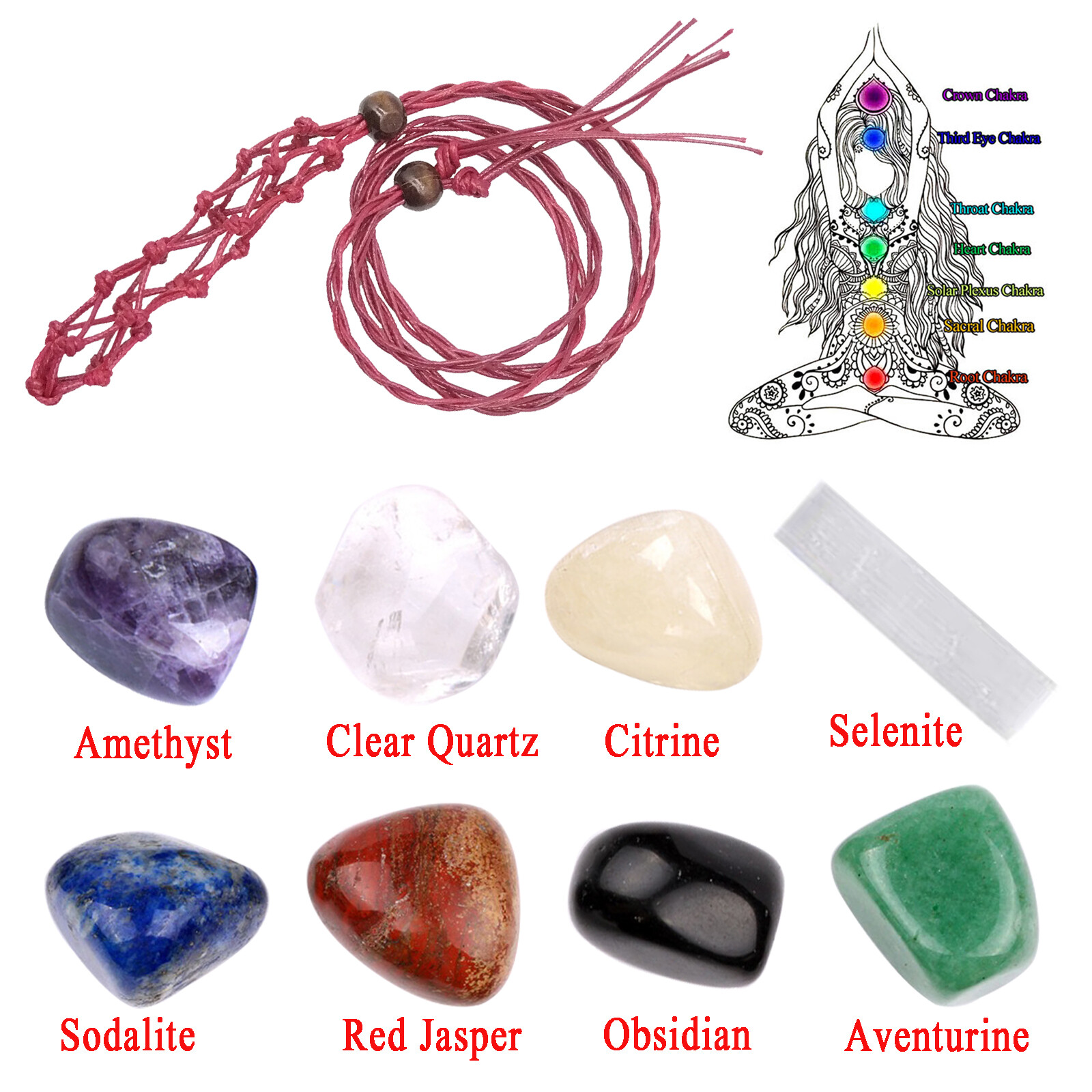 Interchangeable Macrame Pouch Bag with 7 Chakra Tumbled Stone & Selenite Set