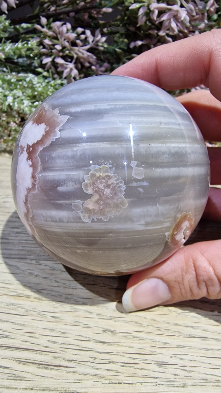 Flower Agate Crystal Sphere 537g 73mm UV Reactive Free Stand