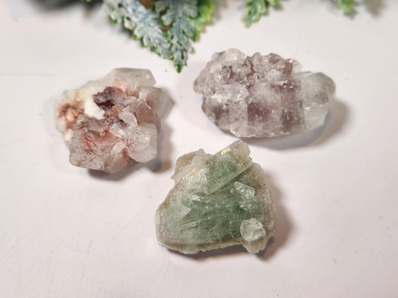 apophyllite Lot Of 3 Small crystals Green, Pink, And Red Specimens About 1 Inch