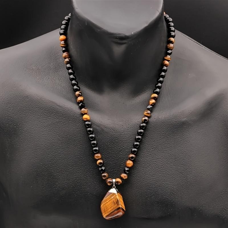 Tiger Eye Stone Beaded Necklace Men Black Irregular Pendant Fashion Jewelry Gift