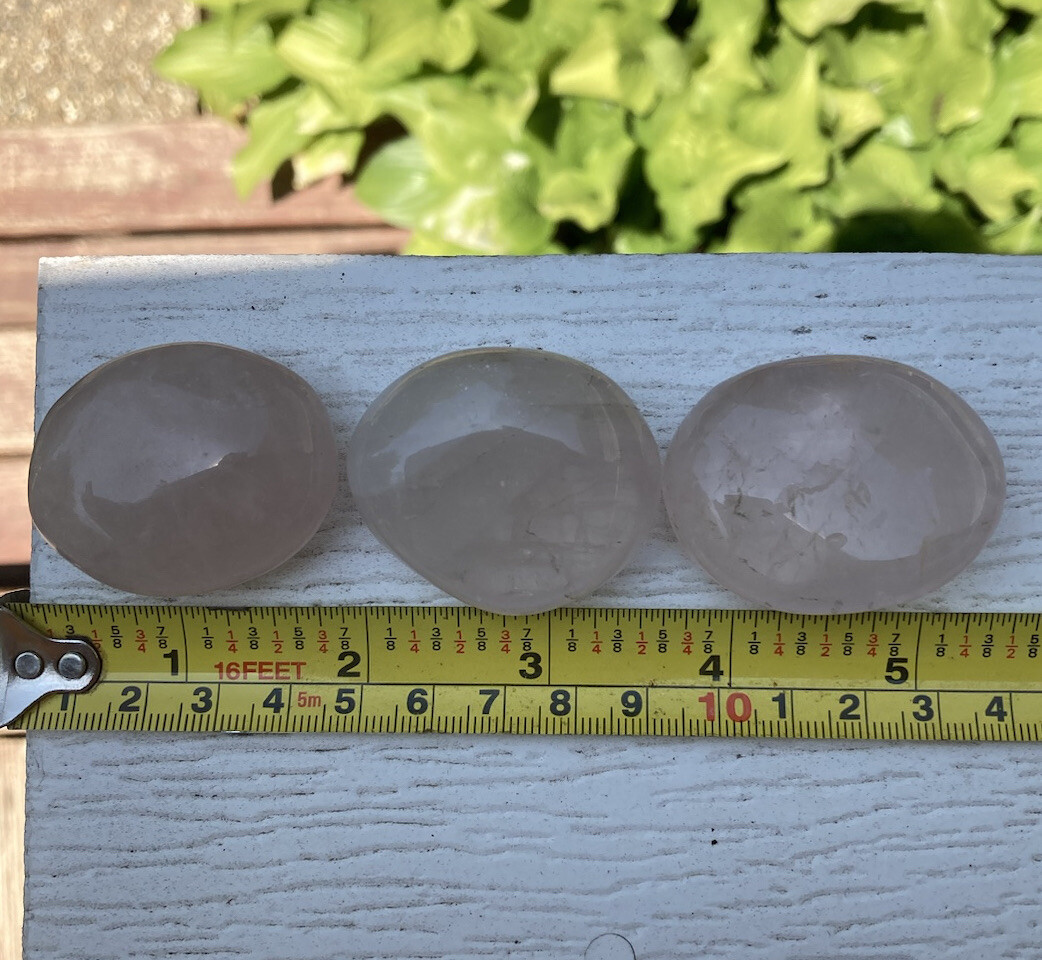 3 PCS LOT Handmade Polished PINK ROSE QUARTZ Crystal Palm Stones MADAGASCAR