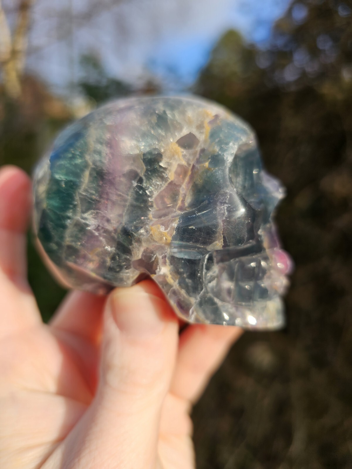 Rainbow Fluorite Skull Crystal Carving 317g Purple Green Blue 6.5x 5 x 4.4cm
