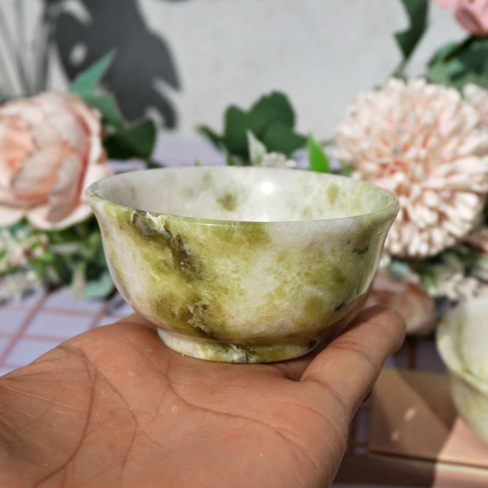 Chinese Lantian Jade Bowl 3 Inch Natural Stone Cup Altar Offering Ritual Tool 1P