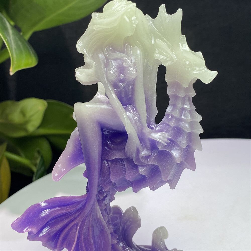 4″ Luminous Stone Resin Carved Decoration Mermaid Skull Reiki Healing Gift 1pc