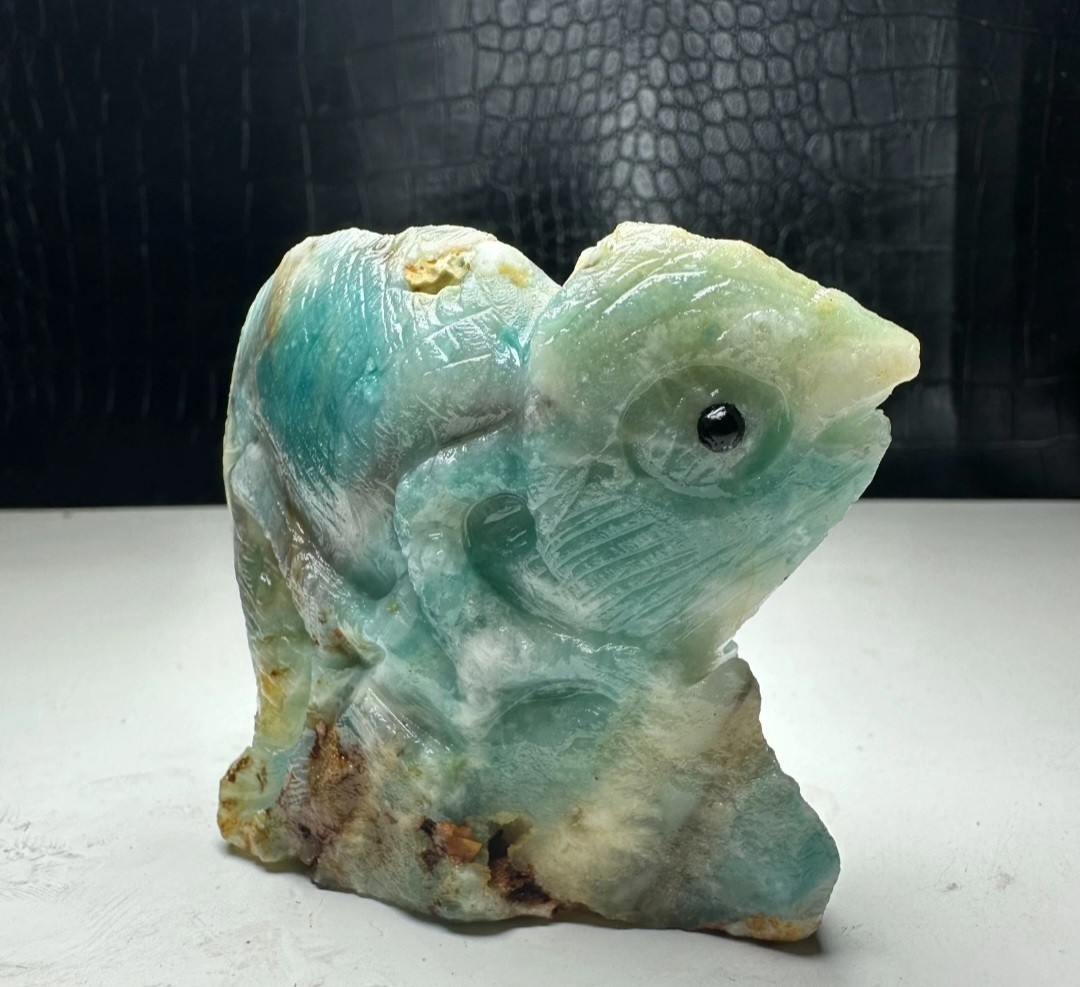 Natural Crystal Mineral Specimen. Amazon Stone. Hand-carved Chameleon Statue