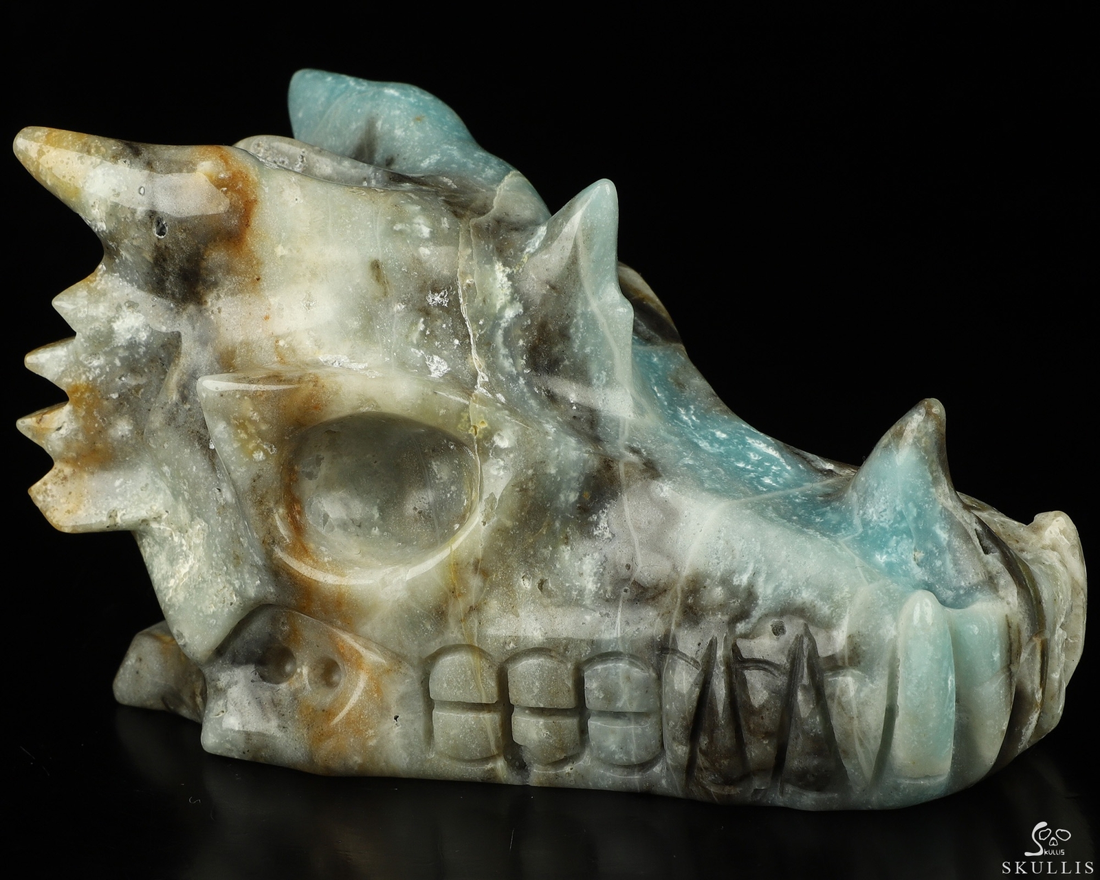 5.0″ Chinese Amazonite Hand Carved Crystal Dragon Skull Sculpture, Healing