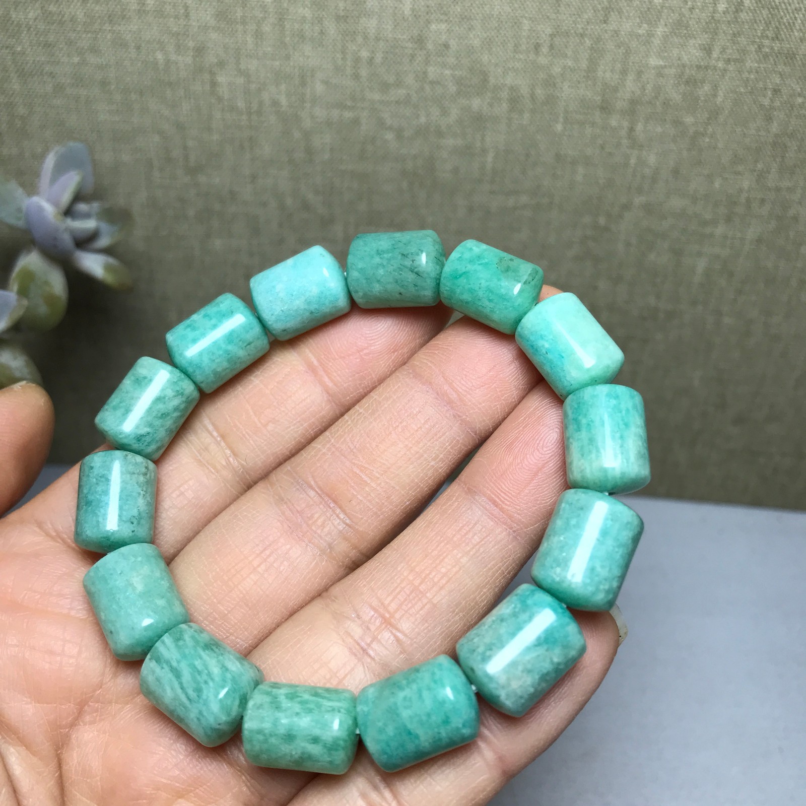Rare Natural amazonite gemstone Crystal chain barrel beads bracelet 37g A3011