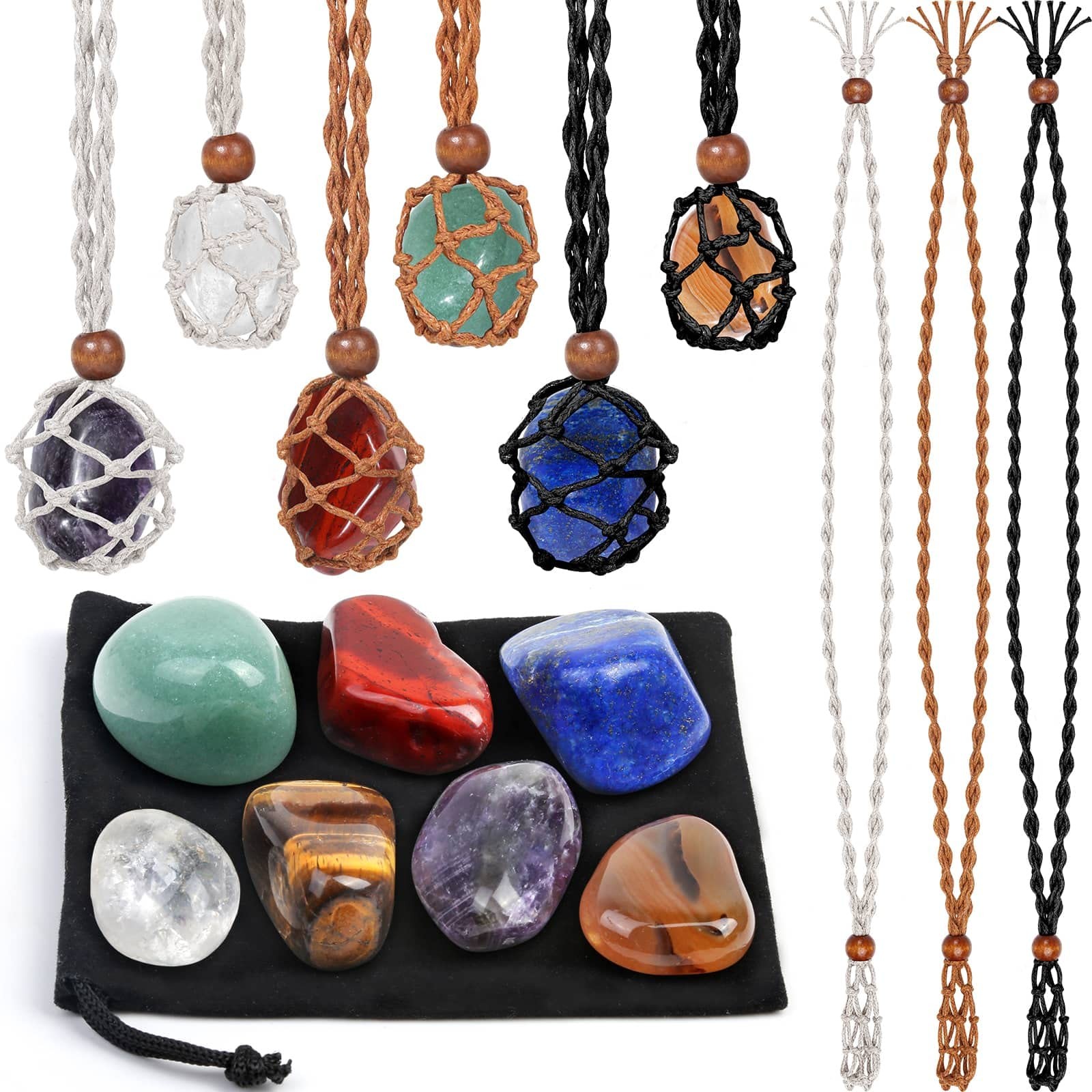 Crystals Necklace Holders and Healing Stones Set, 6Pcs Adjustable Crystal Cag…