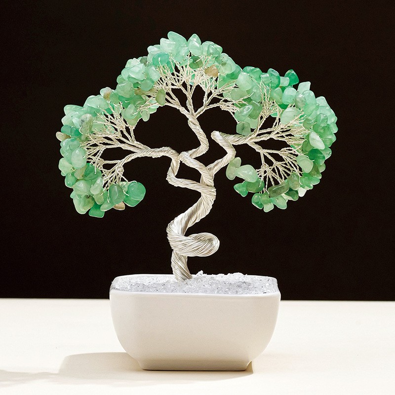 Green Aventurine Stones Tree of Life Ornament Healing Money Tree Ceramic Base