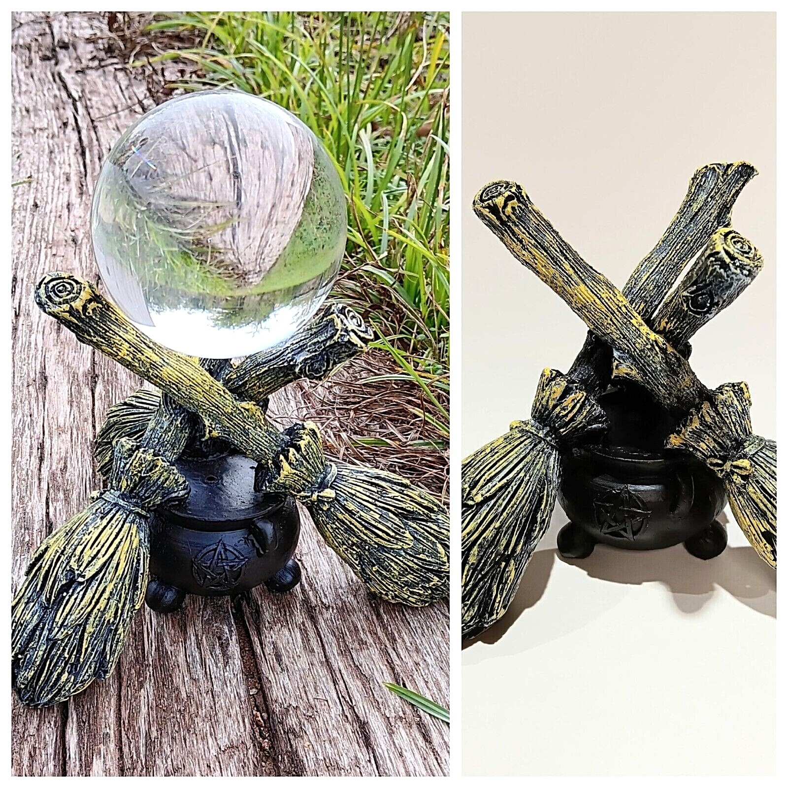 K9 Clear Crystal Ball with Witch Broomstick & Cauldron Stand 4 sizes
