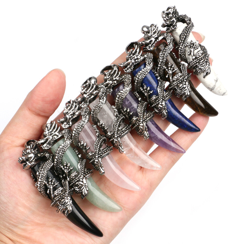 Dragon Wolf Teeth Pendant Natural Crystal Chakra Gems Magic Reiki Healing Amulet