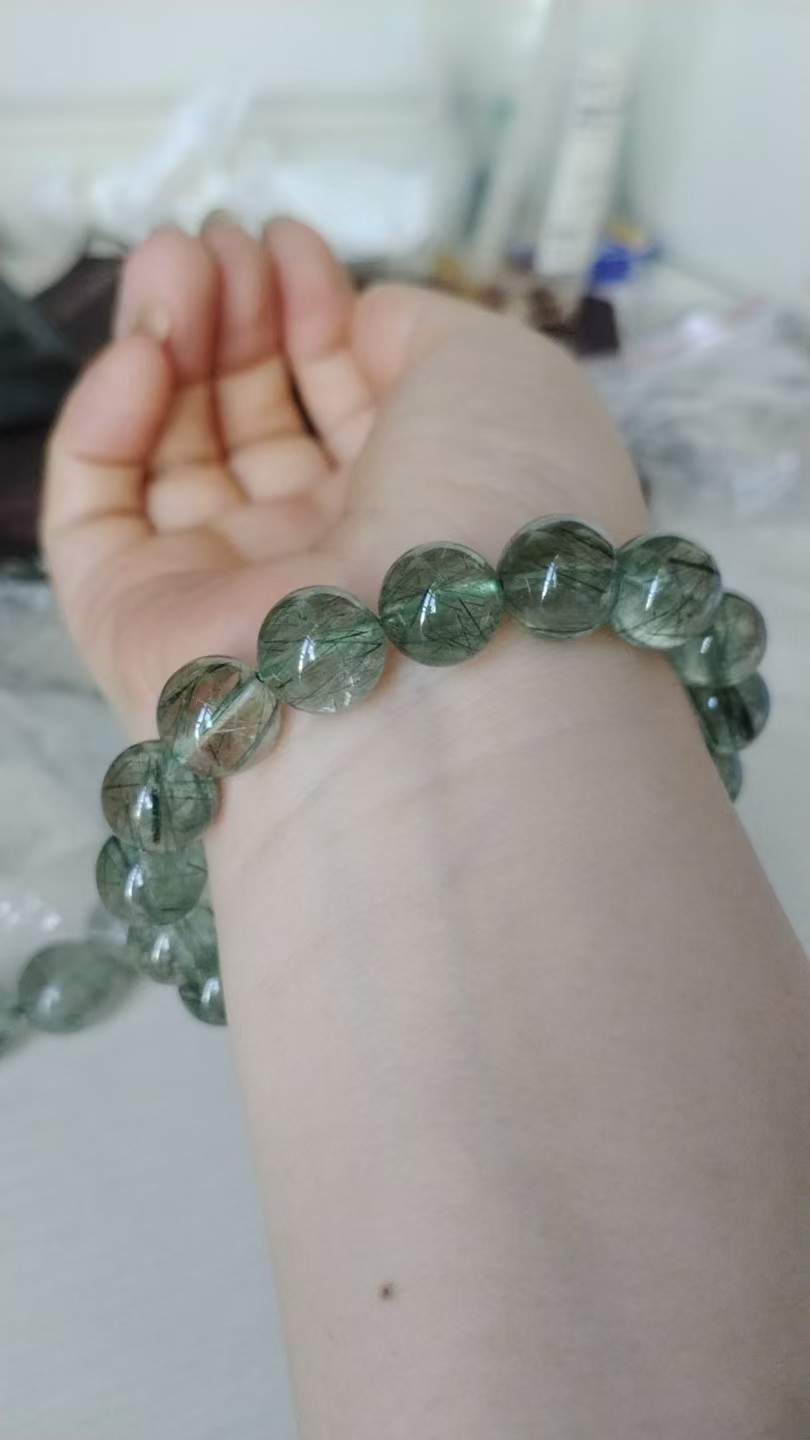 Natural rare Green Rutilated Quartz round Bracelet Adult Collectibles