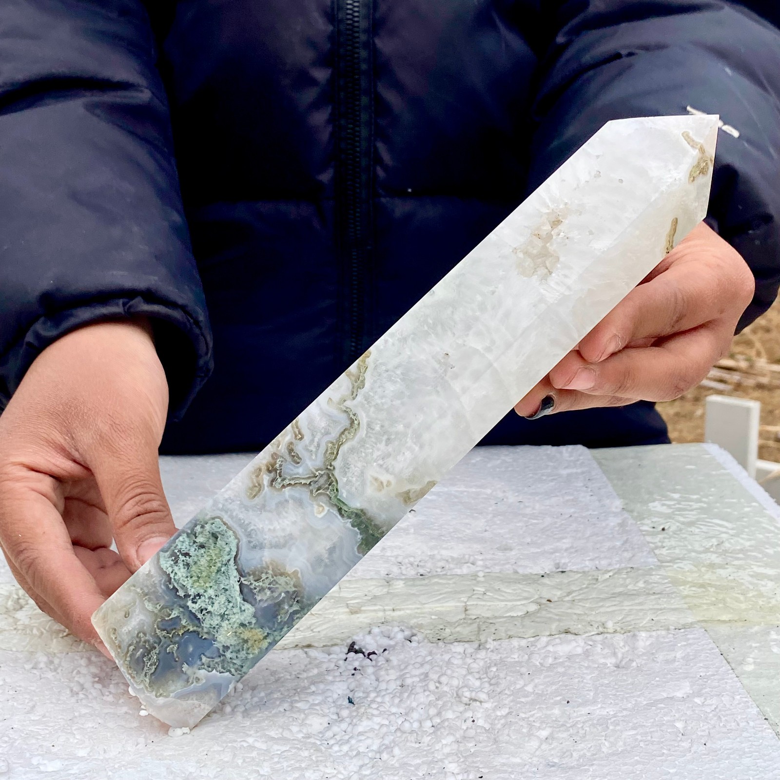 1.76LB Natural green moss agate quartz crystal obelisk aura healing