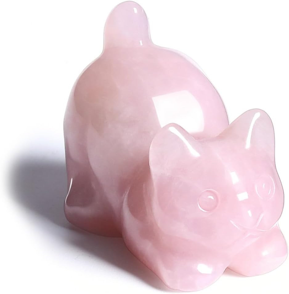 Rose Quartz Crystal Cat Figurine Carved Healing Crystals Gemstones Cat Animal St
