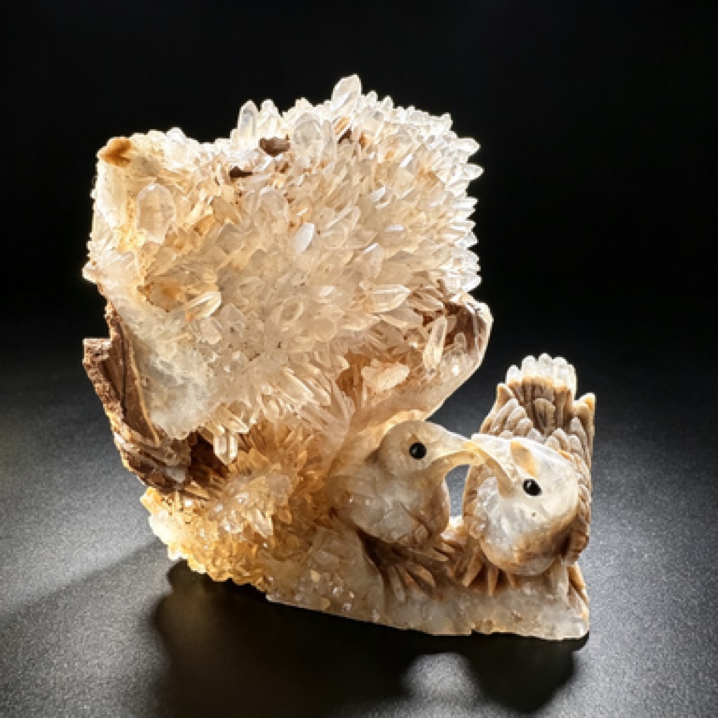Hand Carved Crystal Cluster Bird Figurine – Natural Raw Stone Desk Decor Sculptu
