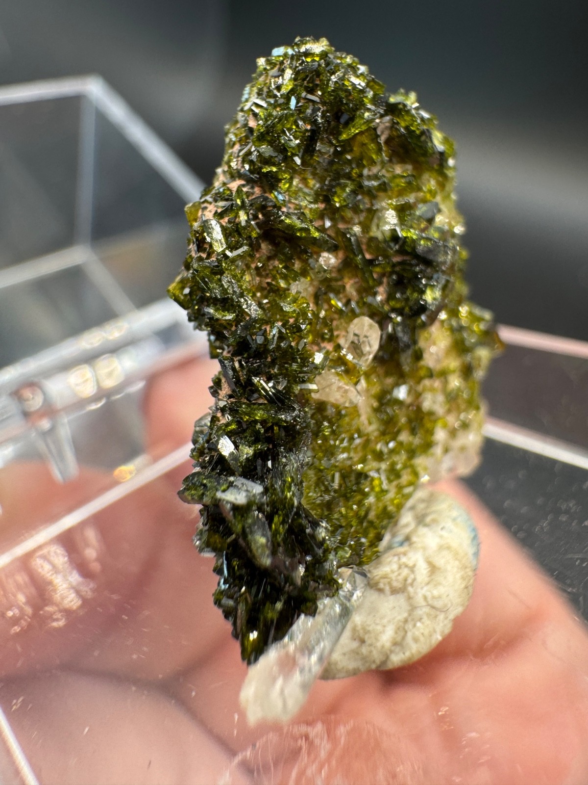6369 Sparkling Green Epidote and Quartz Points in Perky Box Si Chuan