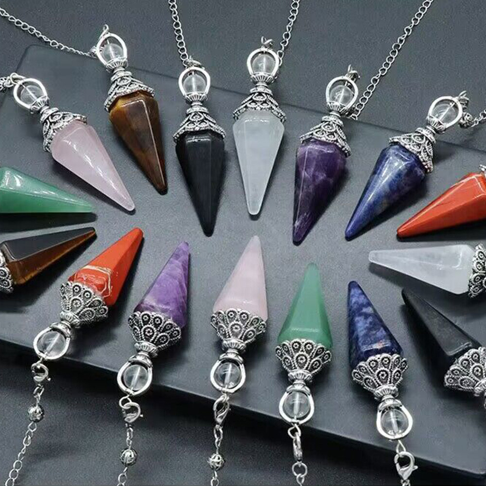 Natural Chakra Crystal Pendulum Hexagon Pyramid Chain Pendant Divination Healing