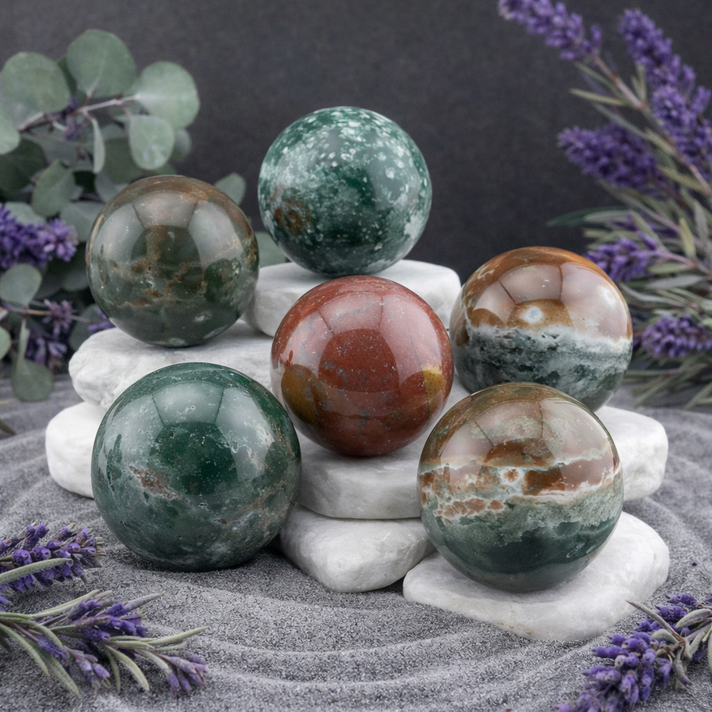 Natural Ocean Jasper Crystal Sphere Spiritual Healing Protection Gemstone Ball