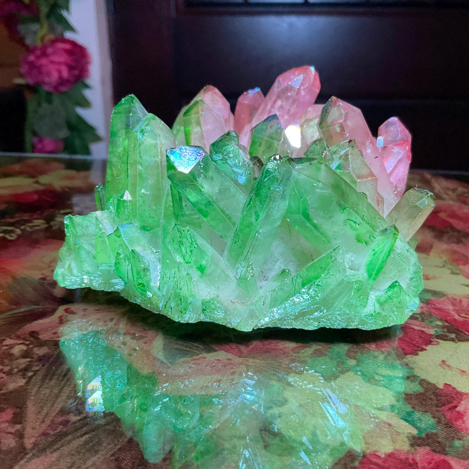 Pink & Green Aura Quartz Crystal Cluster ~ Large 1 Lb. 4 oz. ~ 4″ Long ~ Electr