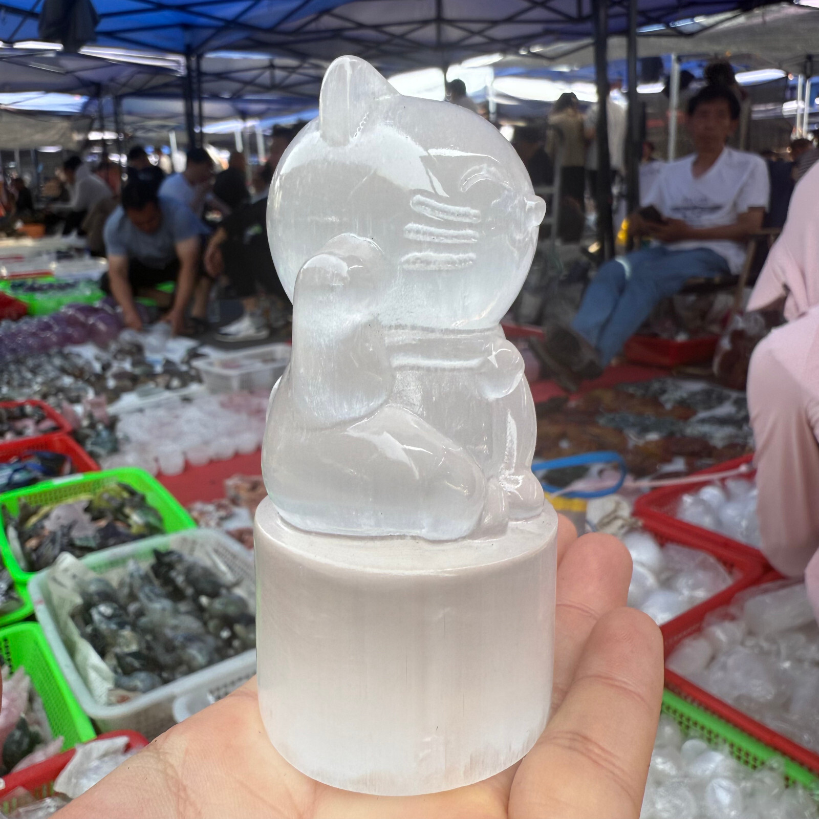 3.7″ Natural White stone paste Maneki Neko Quartz Crystal Carved Reiki Healing
