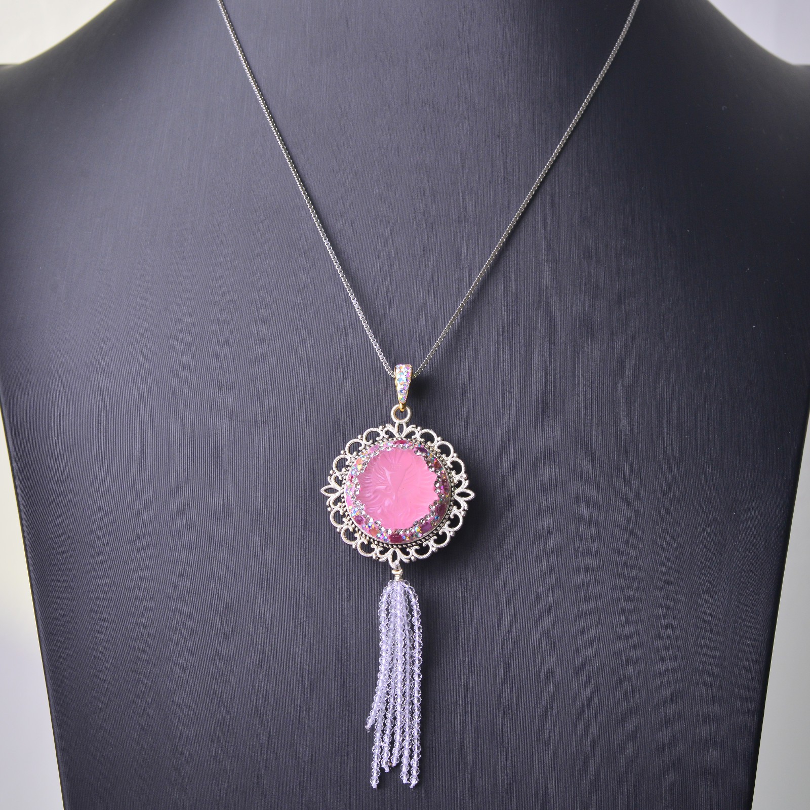 Pink crystal carved fox inlaid alloy necklace gemstone jewelry Energy Crystal
