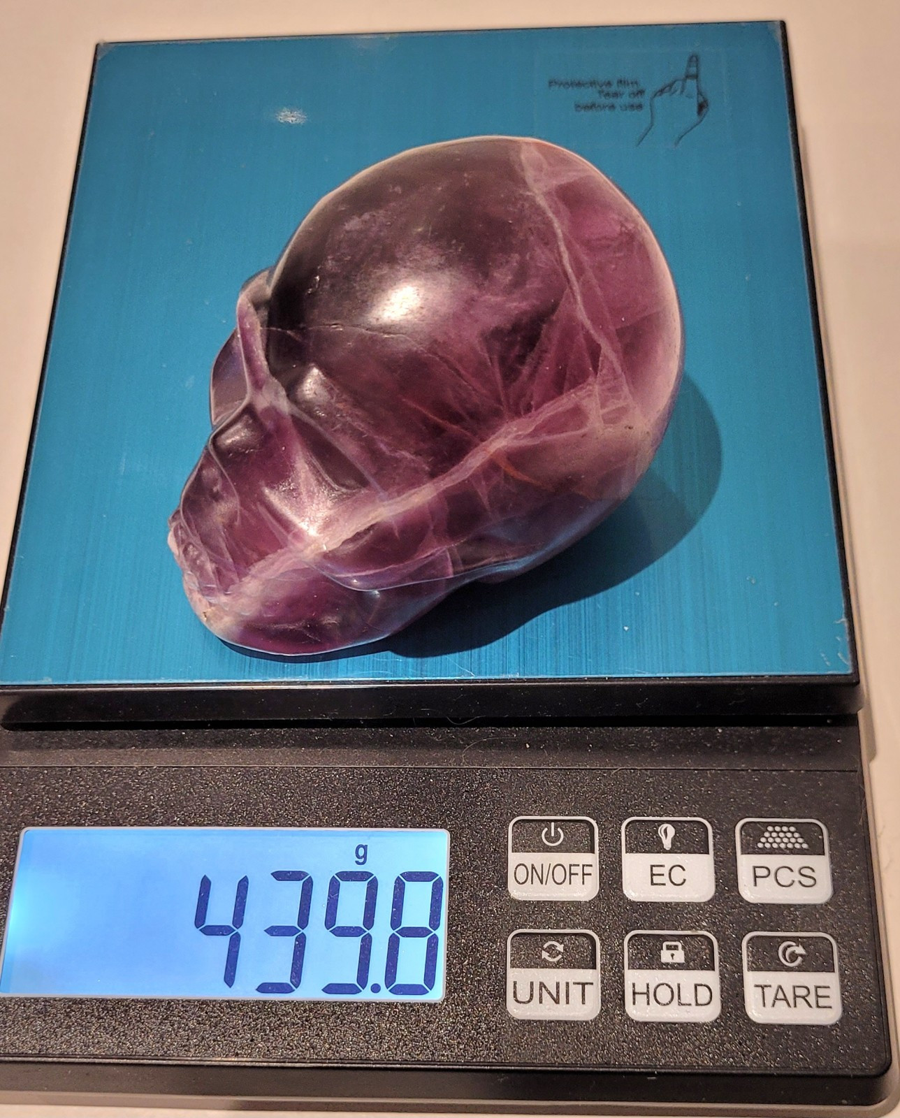 Purple Flourite Human Skull Carving Natural Crystal UV Reactive 439.8g, 0.9lbs