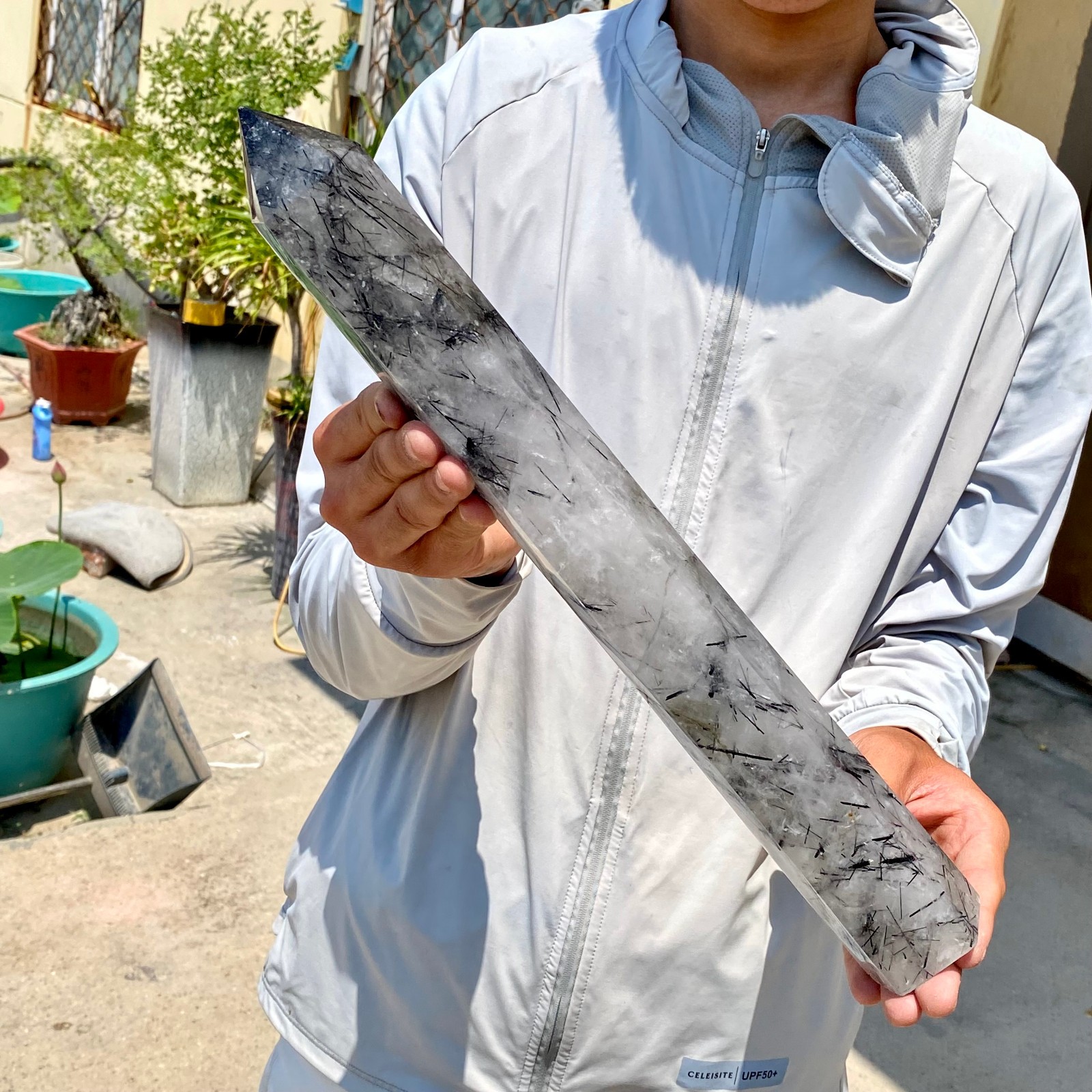 3.9LB Natural black hair and white crystal symbiotic aura gem mineral point