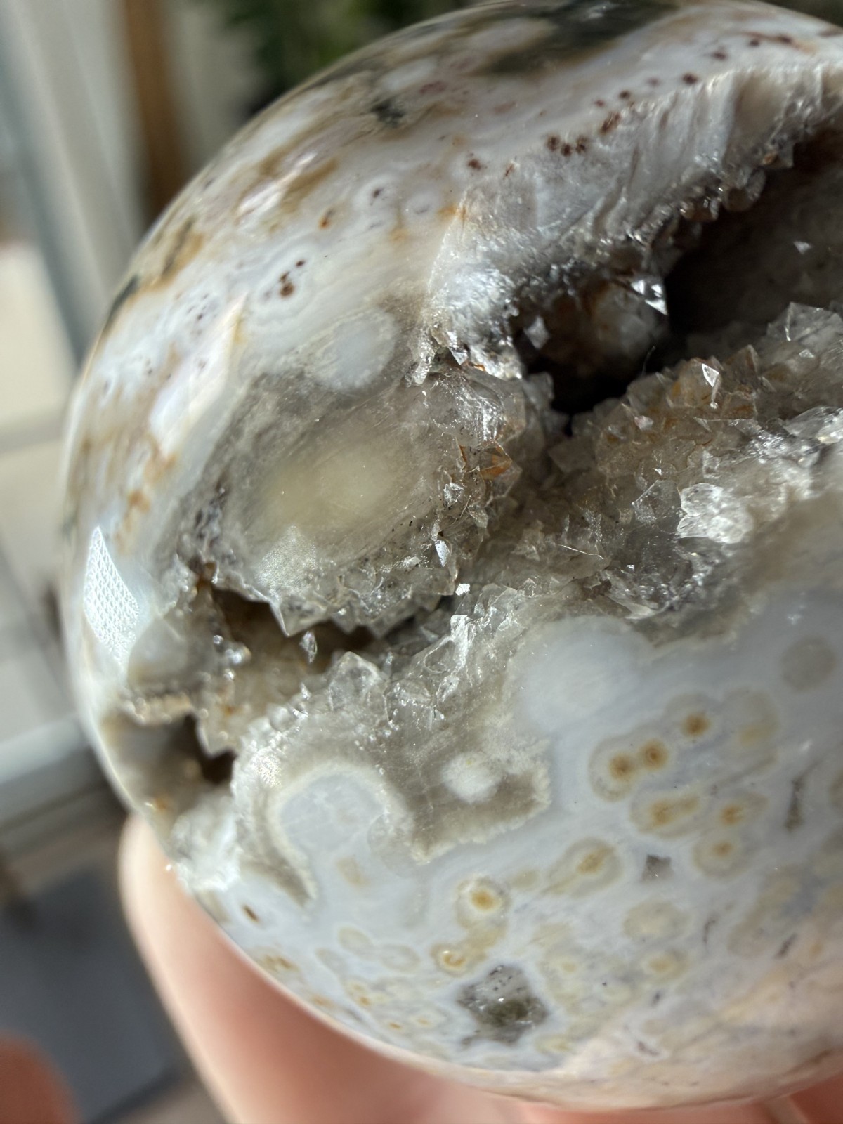 8th Vein Ocean Jasper Sphere – Druzy Sparkly – Green, Beige & White – 3.56oz