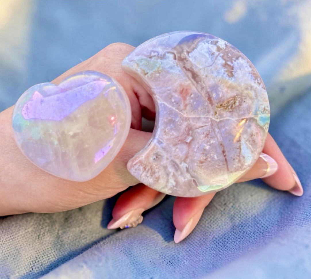 Pink Flower Agate Crescent Moon Set Aura Rose Quartz Heart Crystal Bundle 4pc