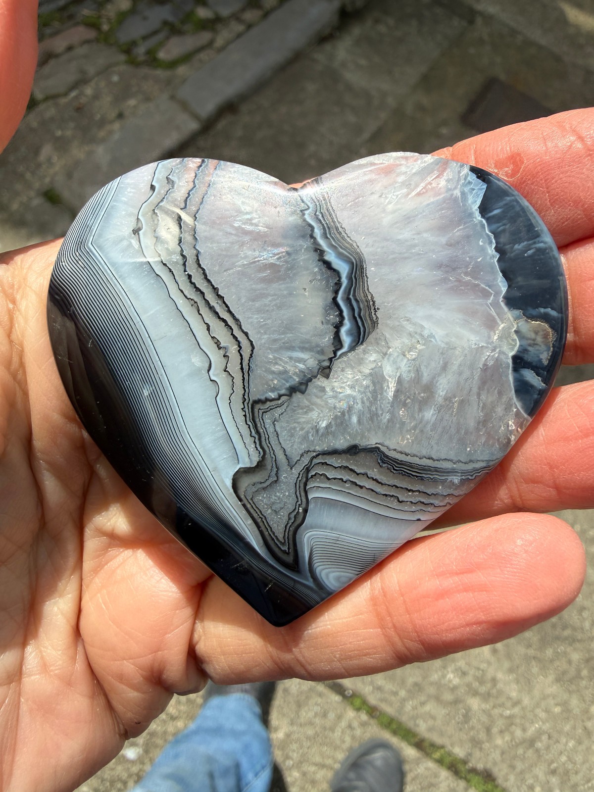 Black and clear banded Botwana Agate Natural Crystal Heart Polished Success 83g