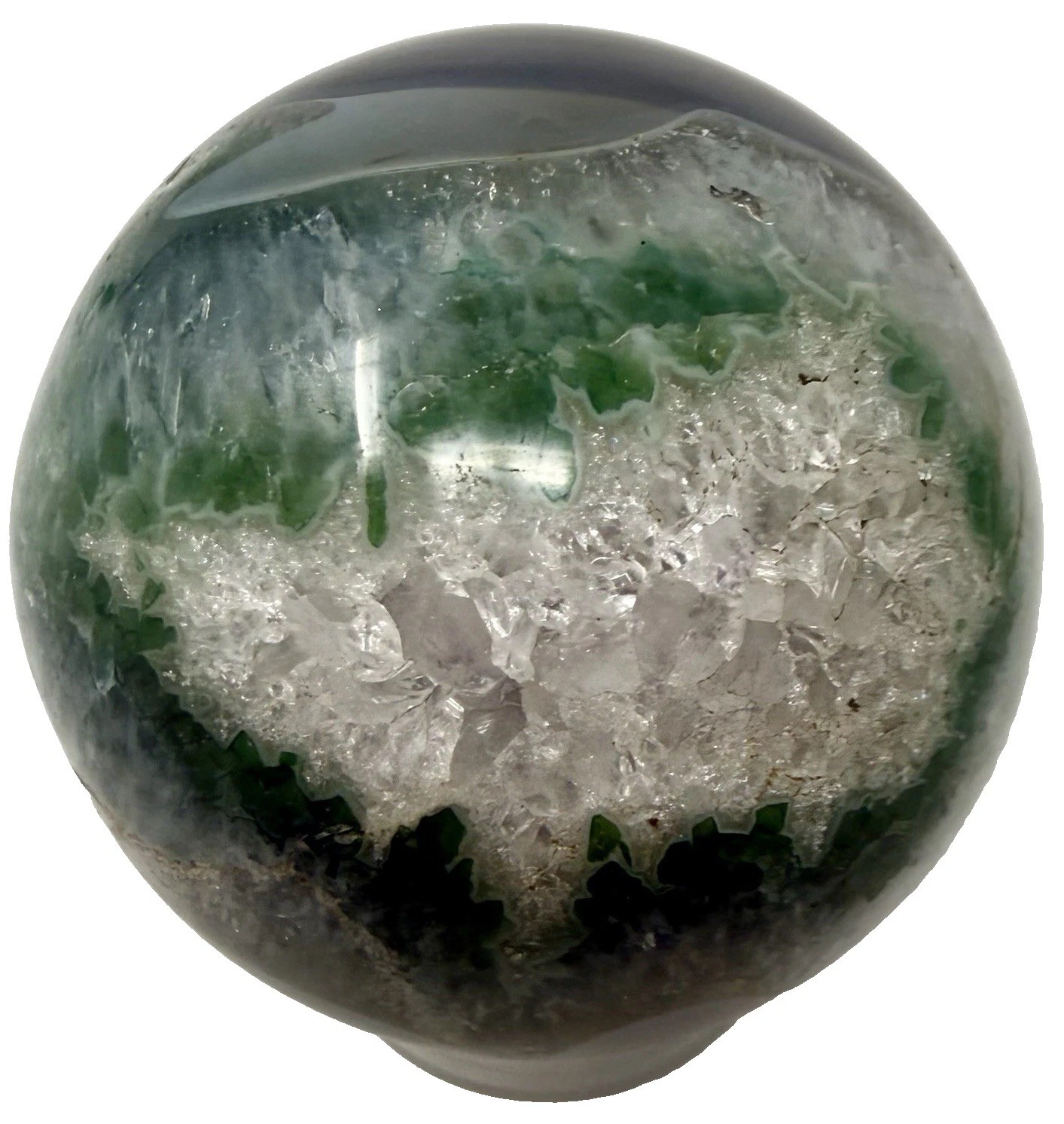 Unique Crystal Sphere Agate W/Green Band Around A Quartz Amethyst Cluster Druzy