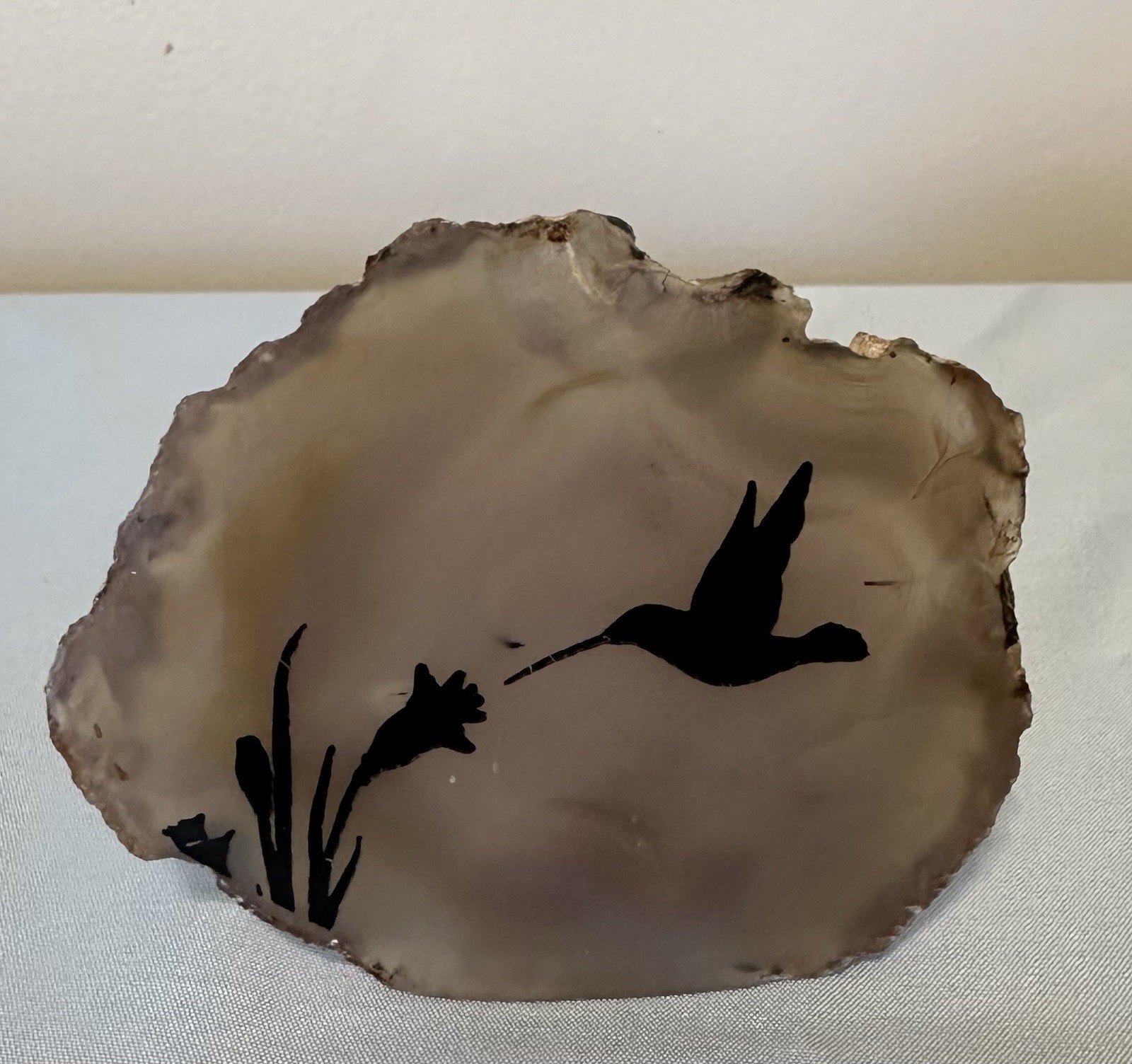 Vintage Agate Slice Hand Painted Hummingbird And Flower Natural