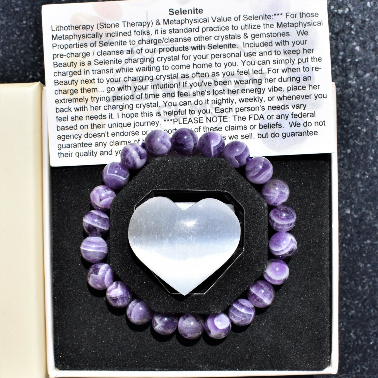 CHARGED Chevron Amethyst Crystal 8mm Bead Stretchy Bracelet + Selenite Heart