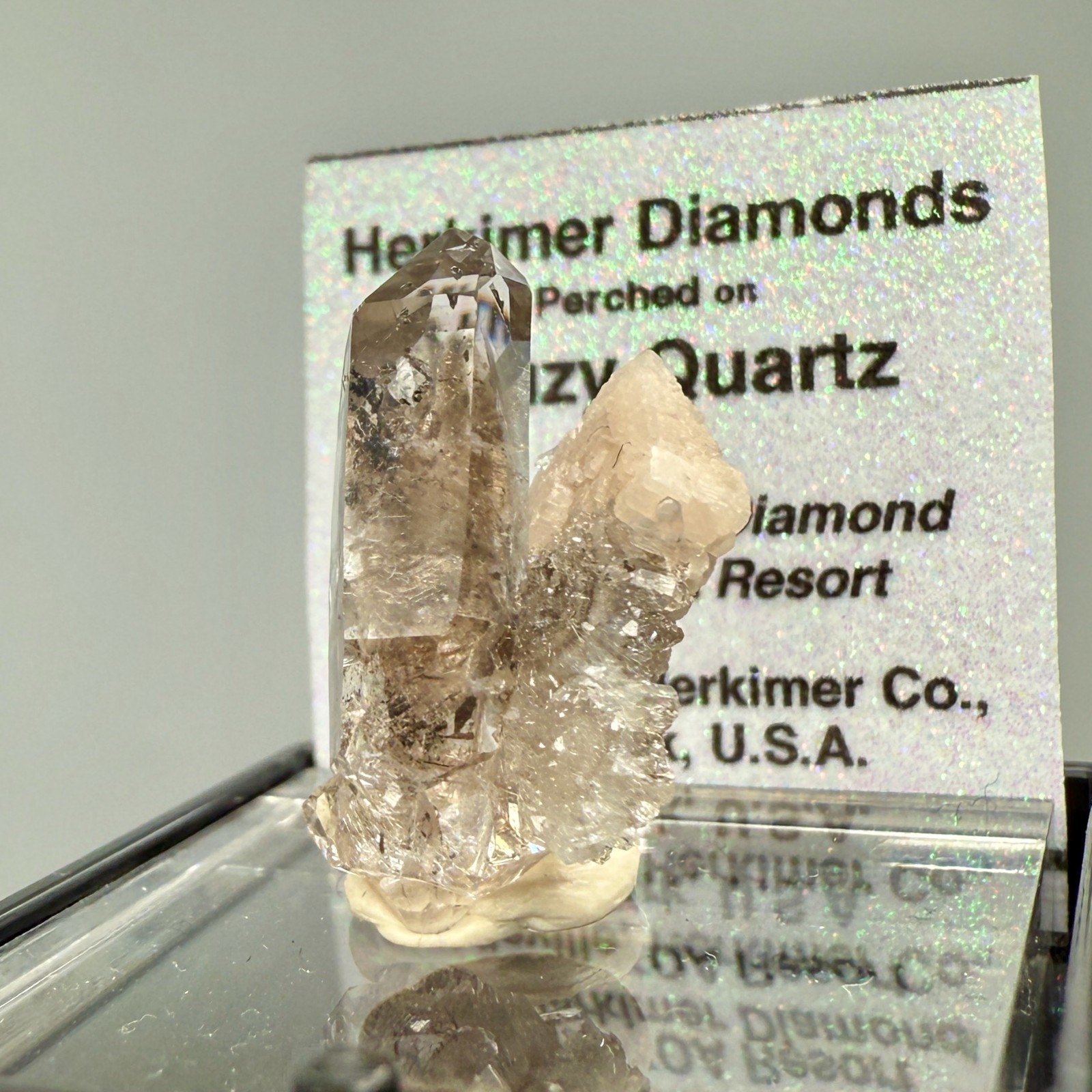 2.07 g Herkimer Diamond Cluster Perched on Druzy Quartz + Dolomite Crystal