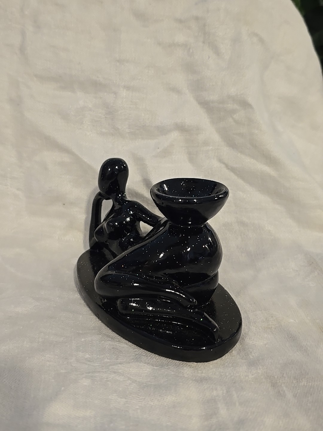 Art Deco Female Fluid Form Crystal Ball Sphere Holder Black Sparkle Carved Resin
