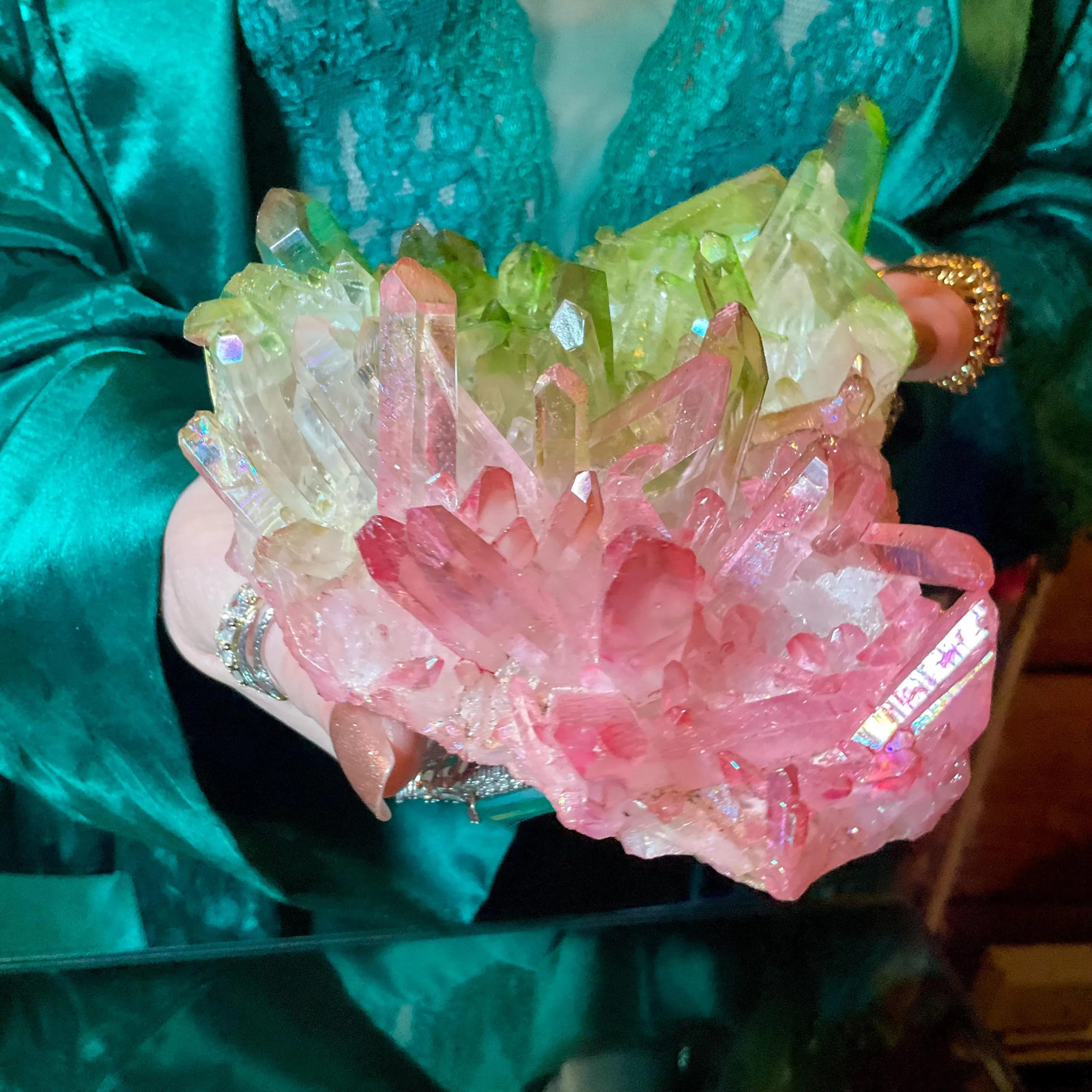 Pink & Green Aura Quartz Crystal Cluster ~ Large 1 Lb. 5 oz. ~ 6″ Long ~ Electr