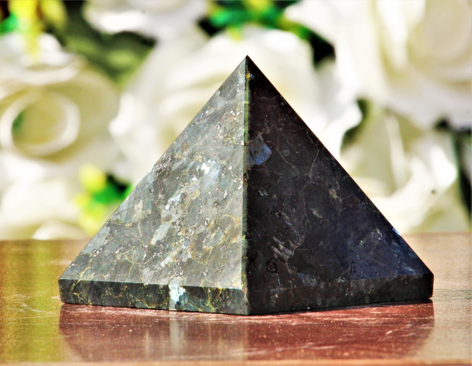 Large 70MM Black Larvikite Flash Crystal Healing Meditation Metaphysical Pyramid
