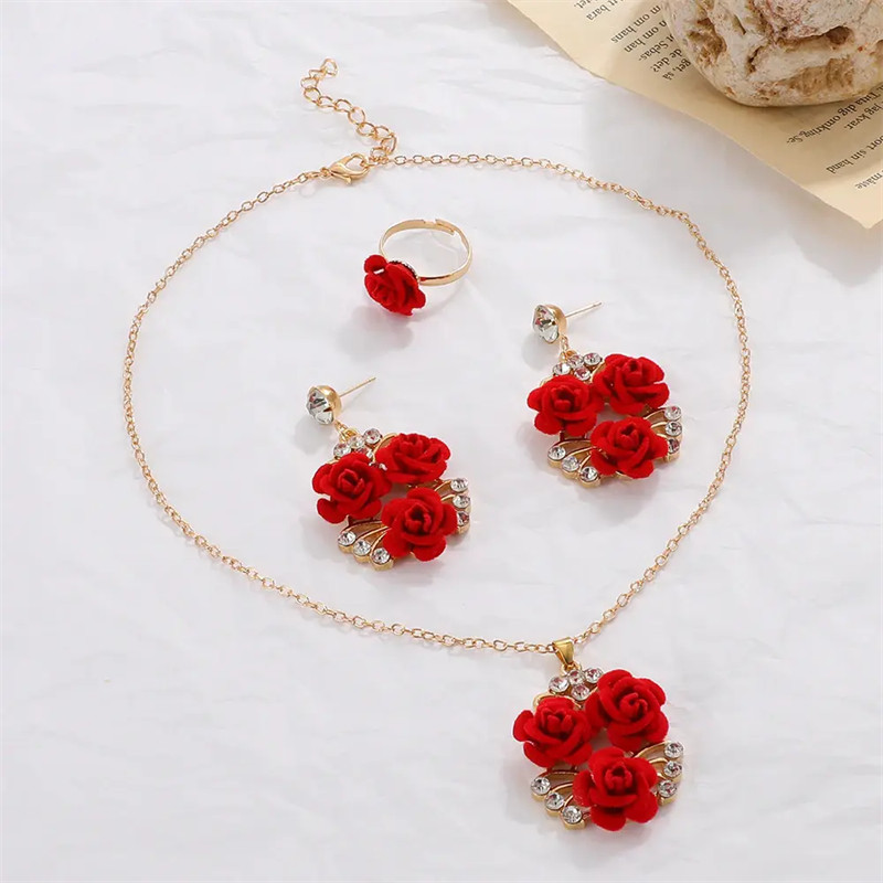 Women’s Fashion Jewelry Set Red Roses Flower Gold Earrings Ring Necklace Suit