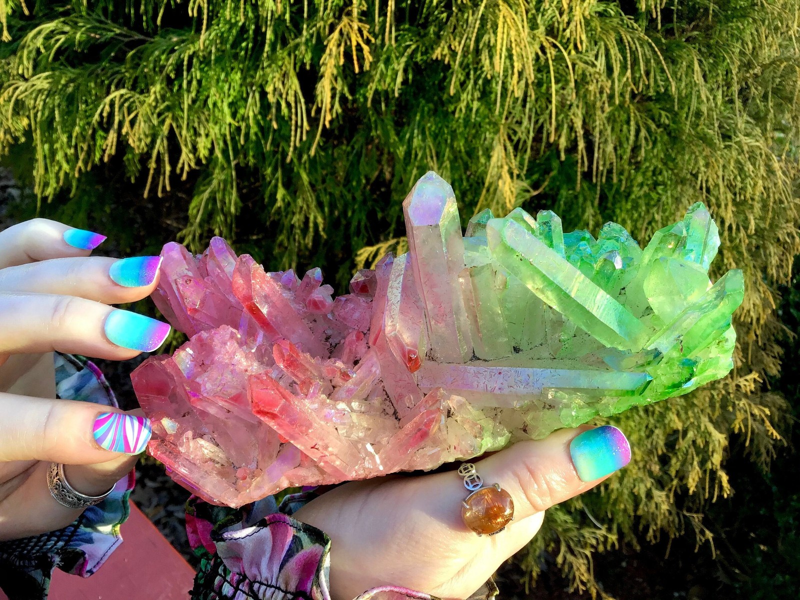 Pink & Green Aura Quartz Crystal Cluster ~ Large 1 Lb. 4 oz. ~ 7″ Long ~ Electr