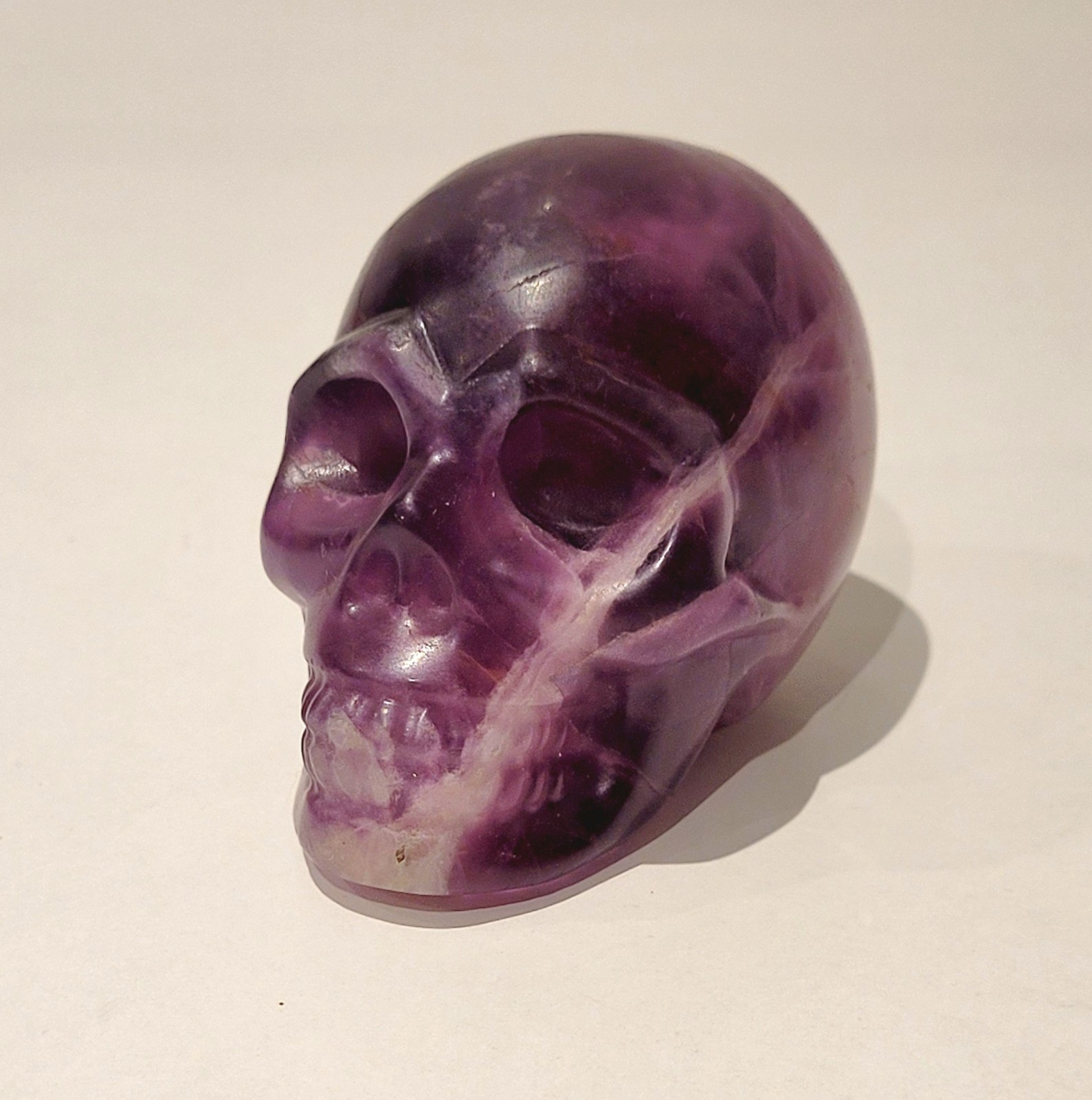 Purple Flourite Human Skull Carving Natural Crystal UV Reactive 439.8g, 0.9lbs