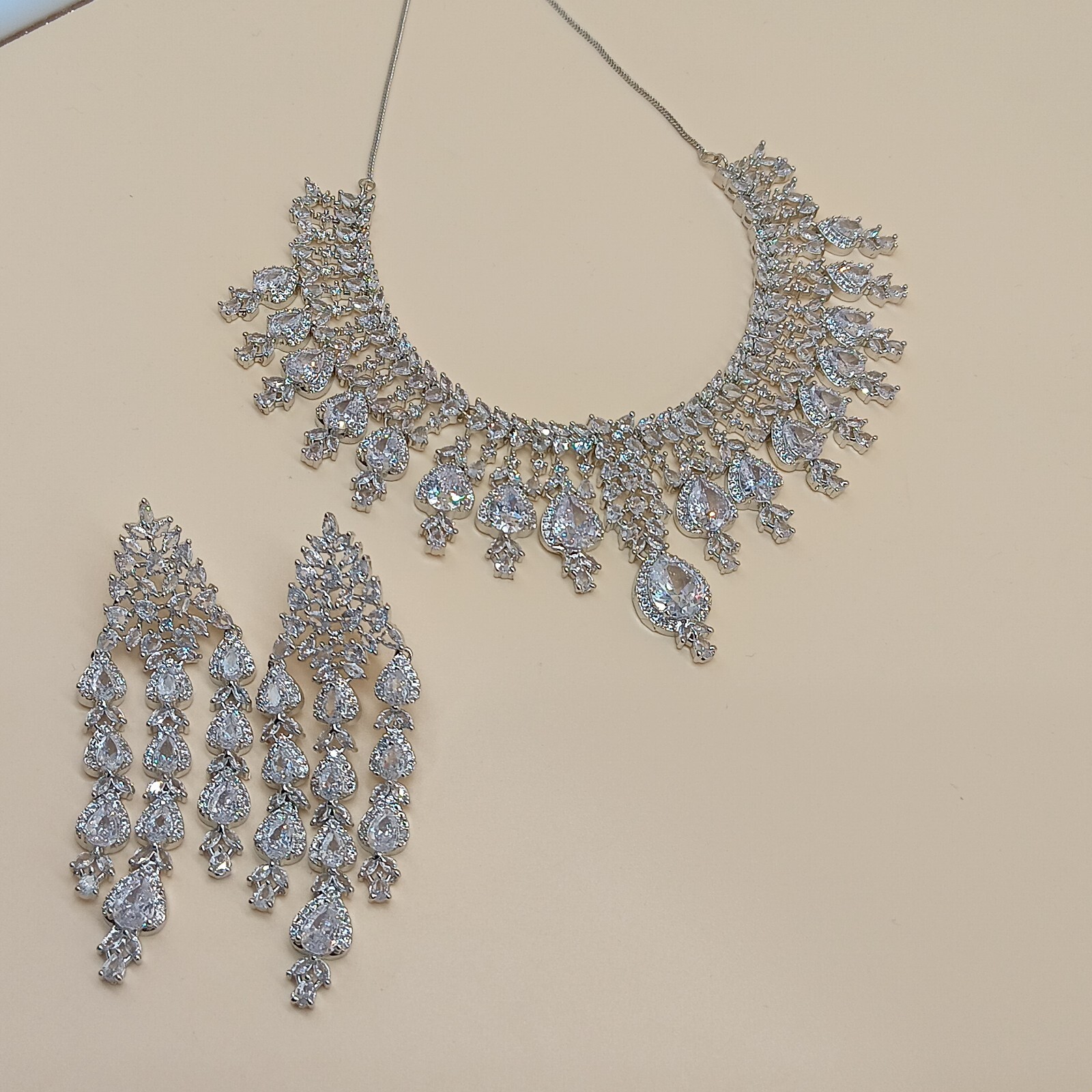 “Luxury Bridal Choker Necklace & Long Earrings Set | Silver Plated CZ Crystalset