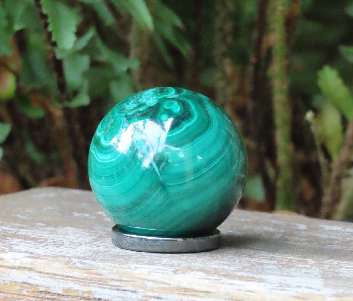 A Grade Polished Rare Malachite Green Crystal Mineral Sphere With Ring 76 Grams