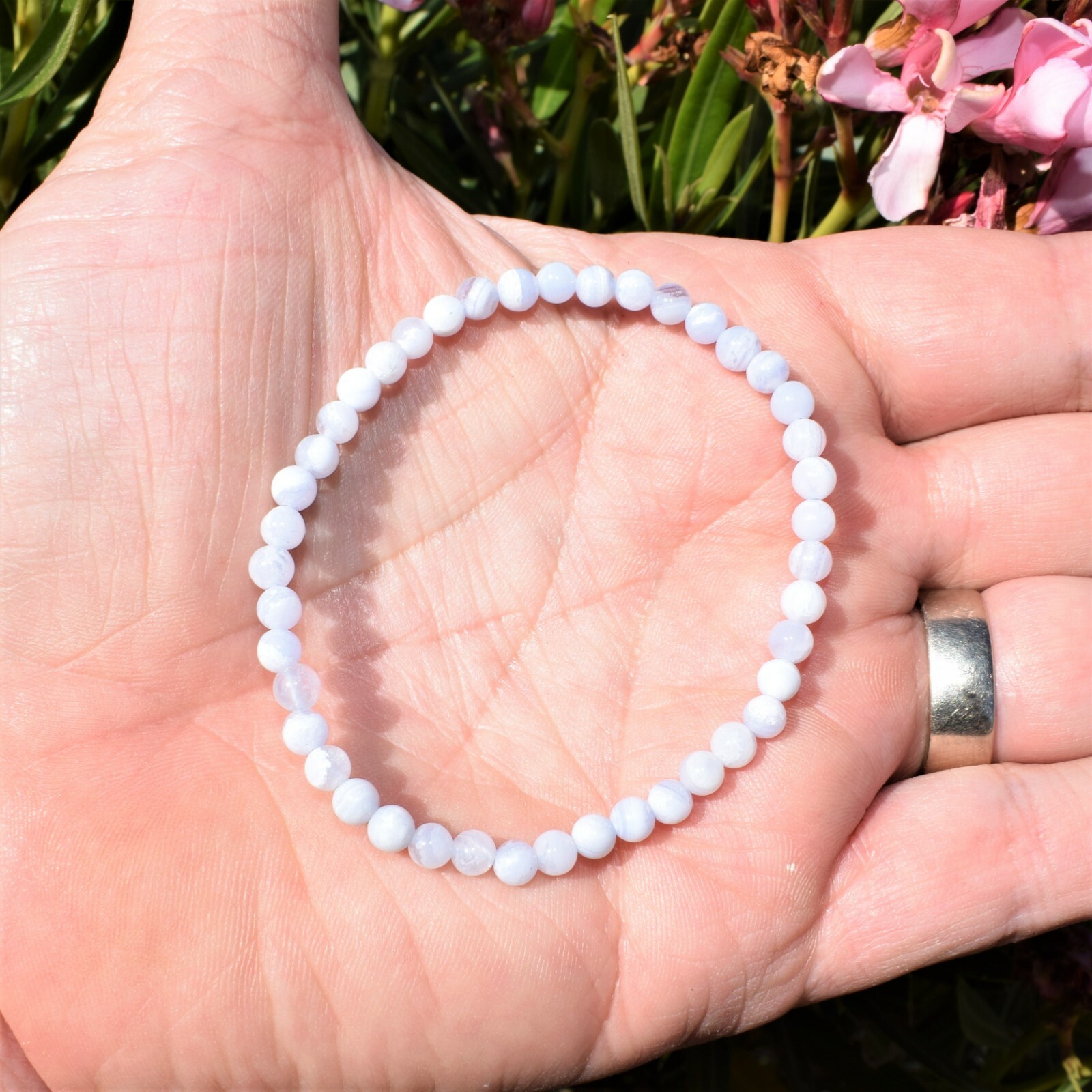 CHARGED Natural Blue Lace Agate Crystal 4mm Bracelet + Selenite Heart Charger