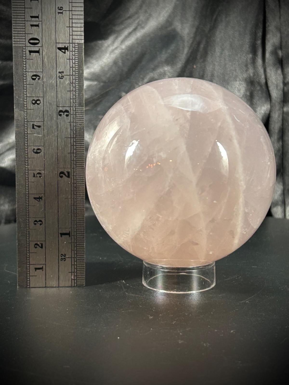 3.17″ Flashy Rose Quartz Sphere With Acrylic Stand 1lb 9.4oz (718 grams)