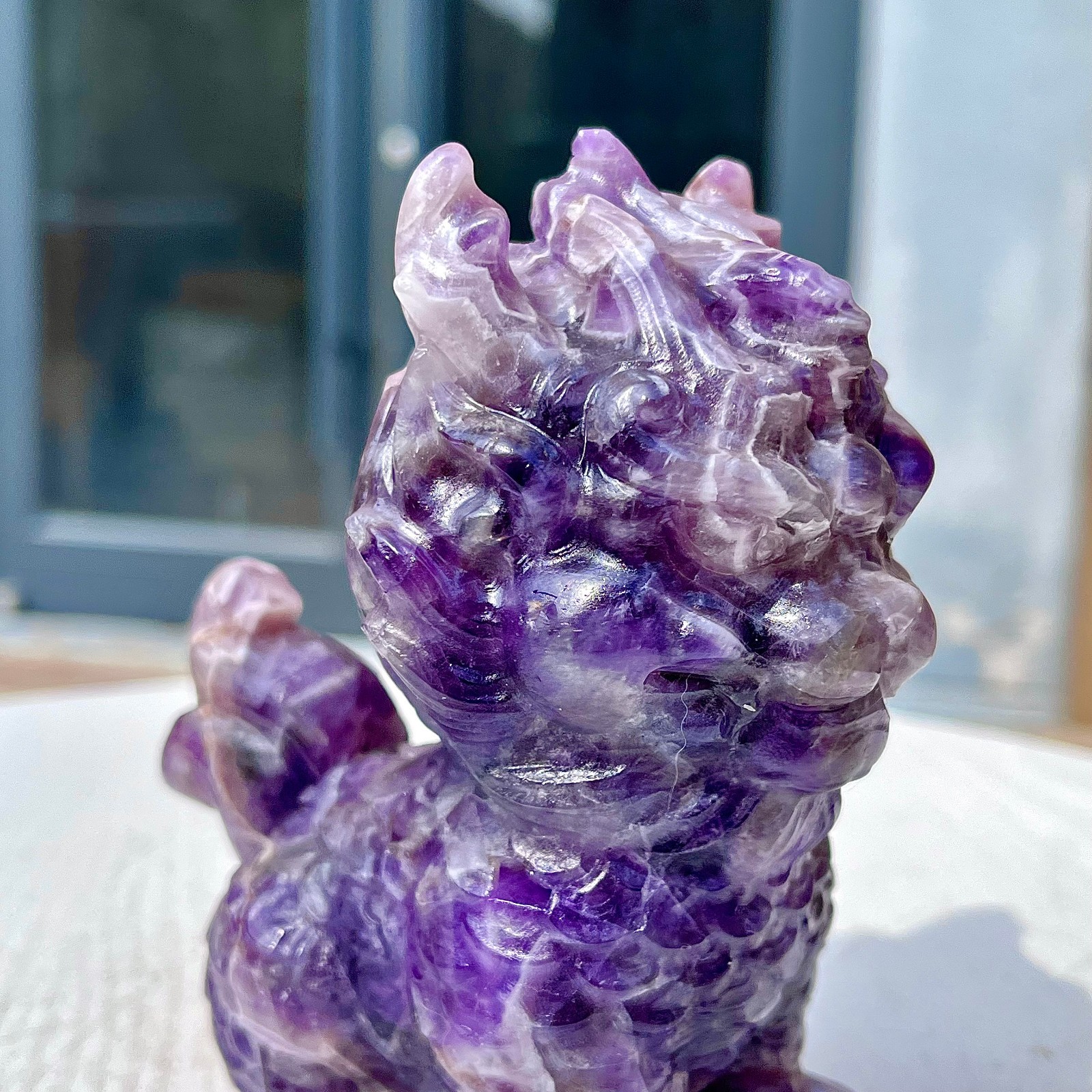 1.49LB Natural dreamy amethyst lion hand carved skull healing