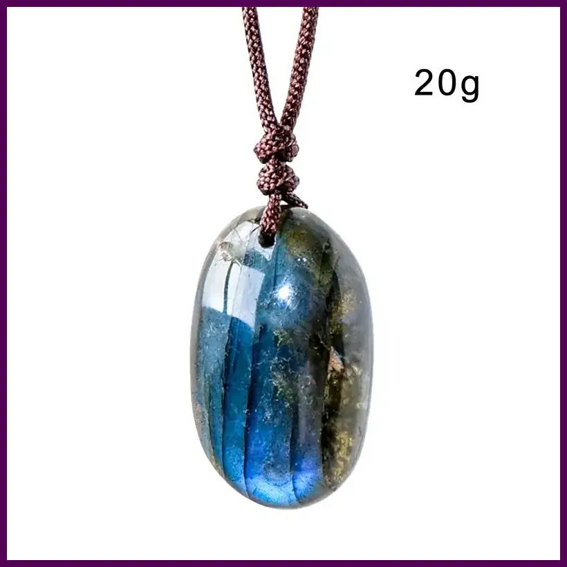 Natural Labradorite Crystal Pendant Necklace Polished Gemstone Rope Chain Gift