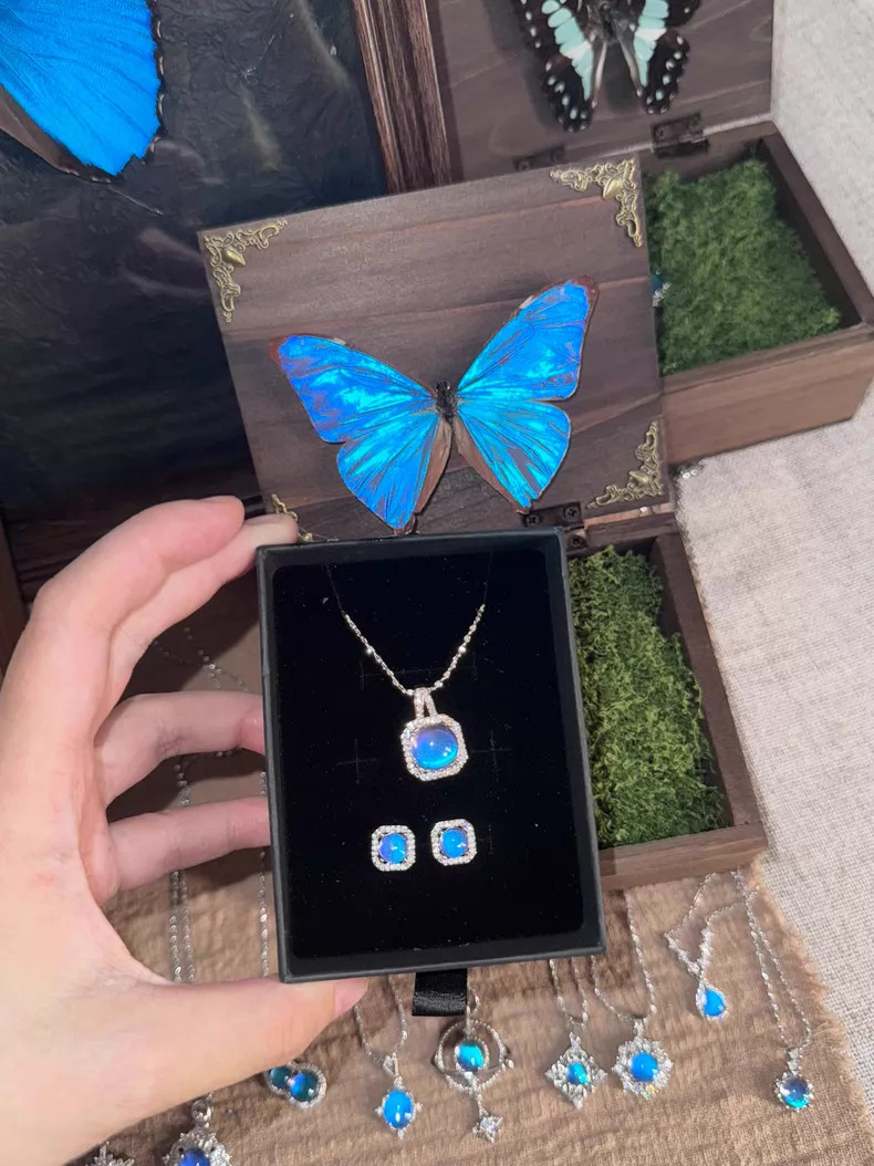 Handmade 925 Silver Blue Morpho Jewelry Set, Square Necklace Earrings