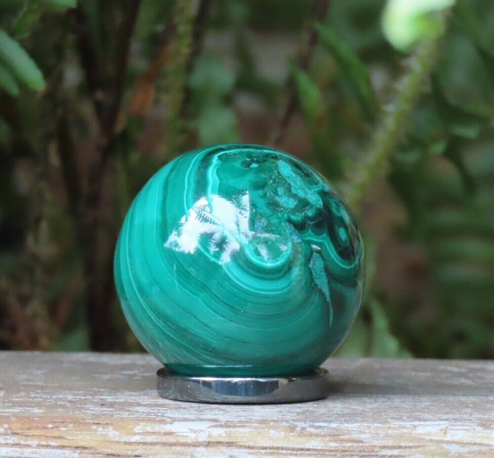A Grade Polished Rare Malachite Green Crystal Mineral Sphere With Ring 76 Grams